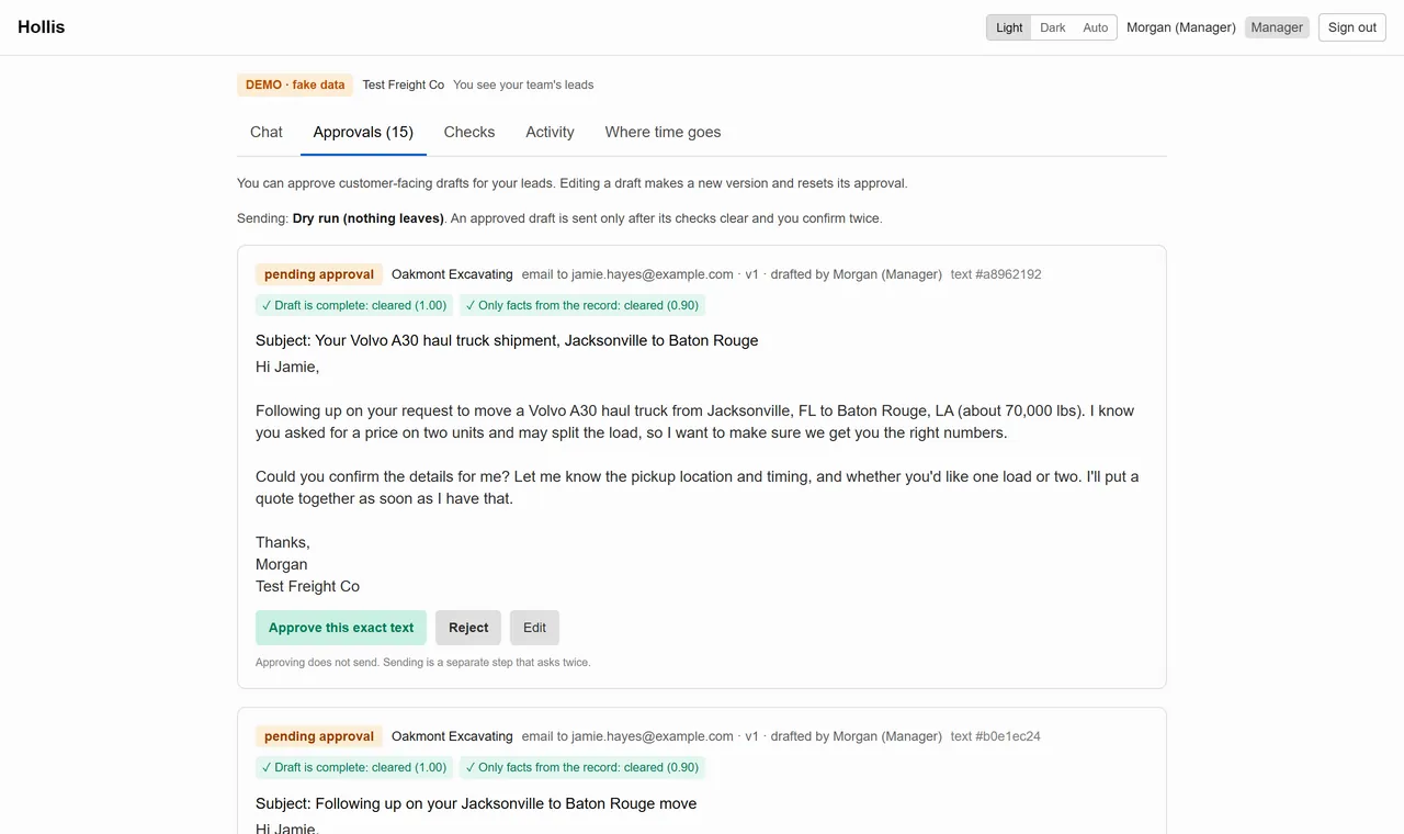 Approvals tab: a pending follow-up email with two automatic checks cleared and buttons to approve the exact text, reject or edit.