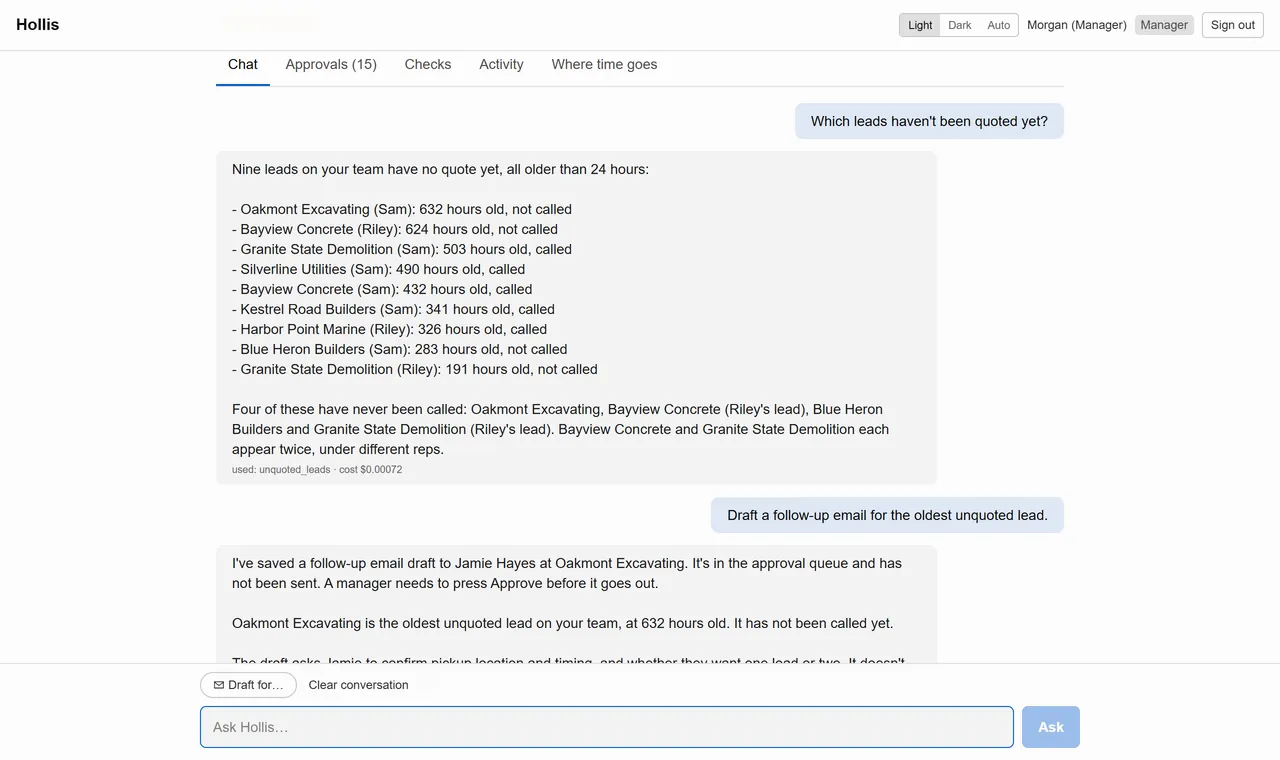 Assistant chat: asked for a follow-up, it saves a draft to the approval queue and explains what it couldn't confirm.